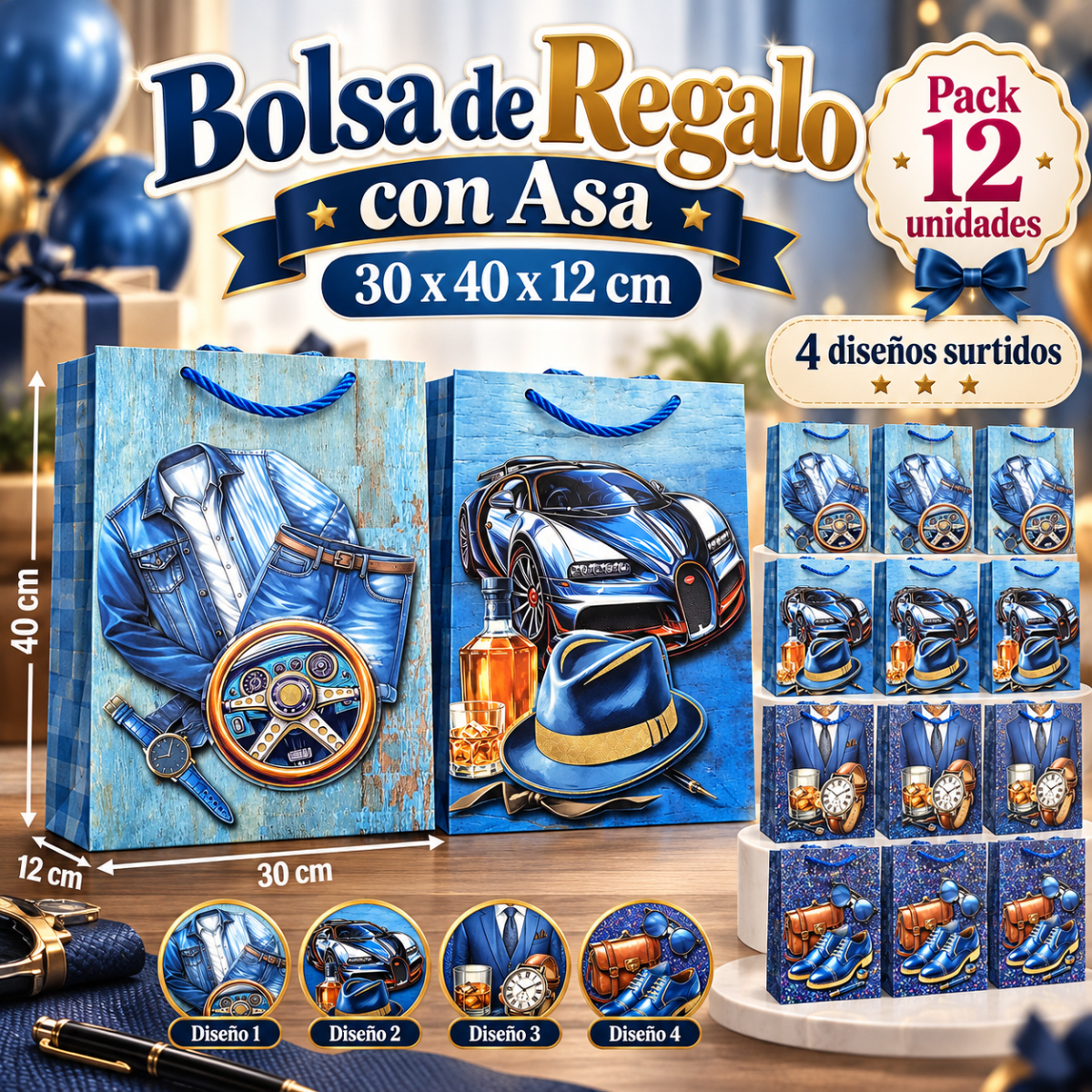 BOLSAS DE REGALO VARON GRANDE 30X40X12CM 12 UNIDADES 0
