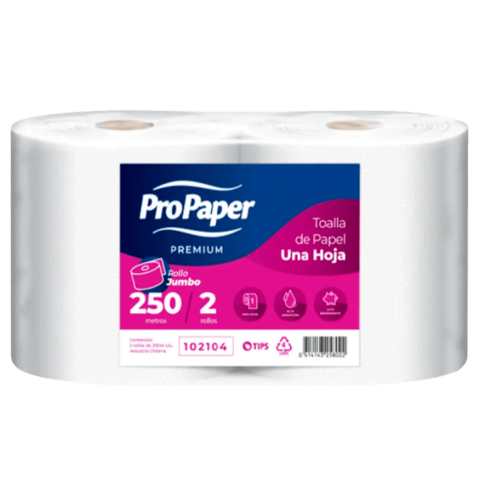 Toalla Jumbo una Hoja Propaper, 2 x 250 mts c/u1