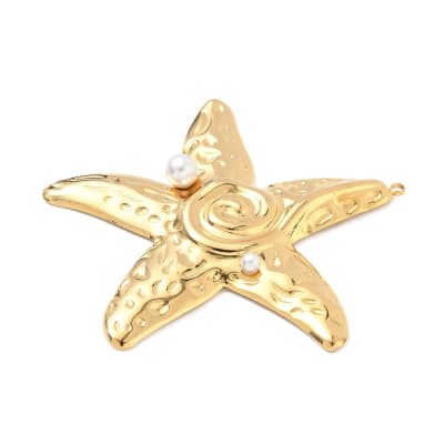 COLGANTE ACERO INOX. DORADO. ESTRELLA DE MAR PERLAS SINTÉTICA 64x64x7.5MM, AGUJERO: 2MM