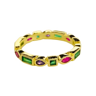 ANILLO POR TALLA B/O 3MS ZIRCONES FUCSIA, VERDE Y MORADO GALVANIZADO