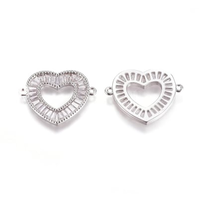 CONECTOR BAÑO DE PLATINO CORAZON HUECO CON ZIRCONES 19X24MM