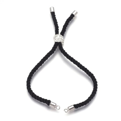 PULSERA AJUSTABLE B/PLATINO DE HILO DE ALGODON NEGRO 22CM