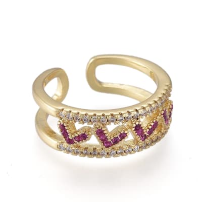 ANILLO AJUSTABLE CORAZONES FUCSIA B/ORO CON ZIRCONES2