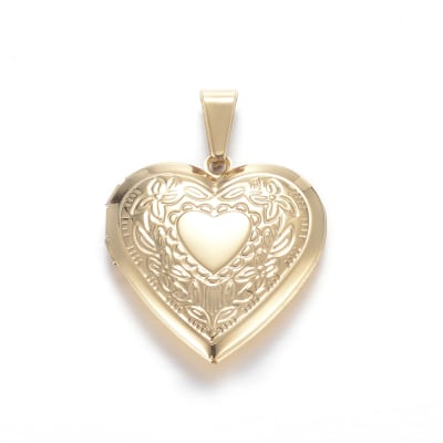 COLGANTE ACERO INOX. CORAZON DORADO LOCKET TALLADO 29MM1
