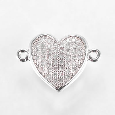 CONECTOR BAÑO DE PLATINO CORAZON CON ZIRCONES 12X17MM