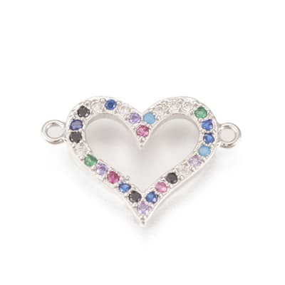 CONECTOR BAÑO DE PLATINO CORAZON CON ZIRCONES COLORIDO 13X19MM