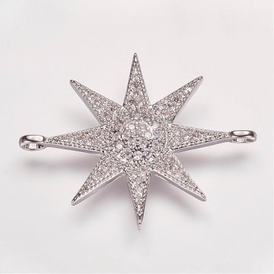 CONECTOR BAÑO DE PLATINO ESTRELLA DE 8 PUNTAS CON ZIRCONES 31X24MM2