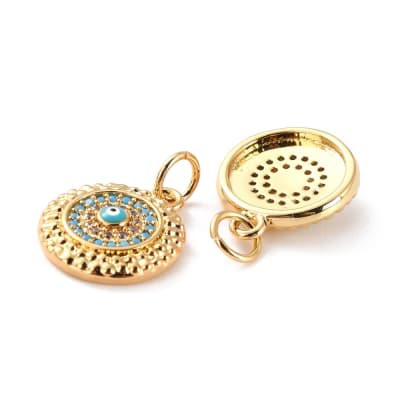 COLGANTE B/ORO CIRCULO CON OJO TURCO Y ZIRCONES TURQ. 15X12MM