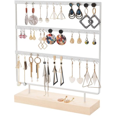 EXHIBIDOR DE HIERRO Y MADERA PARA AROS TRES NIVELES BLANCO 29x6.9x28.5MM