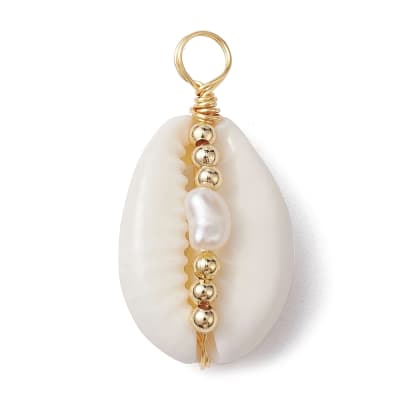 COLGANTE DE ALAMBRE DORADO CONCHA DE CARACOL Y PERLA NATURAL 27.5x14x9MM