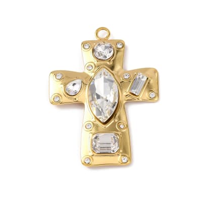 COLGANTE ACERO INOX. DORADO  CRUZ CON ZIRCONES INCRUSTADOS 46.5x33.5x6mm1