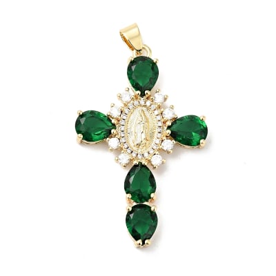 COLGANTE B/ORO CRUZ VERDE CON VIRGEN Y CIRCONES 45.5x29x6MM
