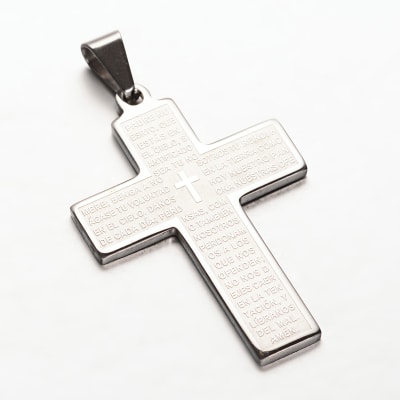 COLGANTE ACERO INOX. CRUZ PADRE NUESTRO 44X30MM1