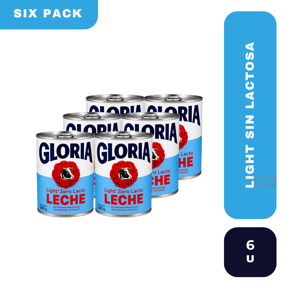 Six pack gloria light zero lacto evaporada 390 Gr