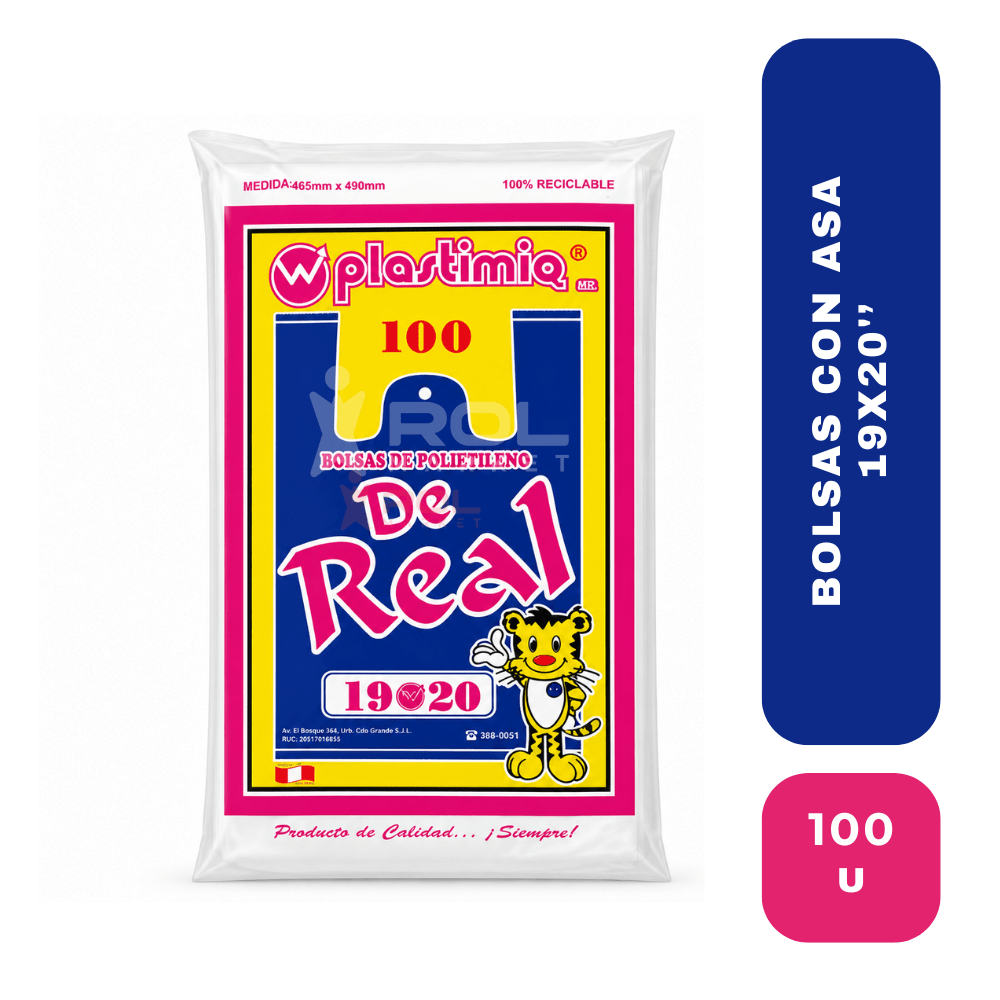 Plastimiq De Real Bolsas con Asa 19x20'' x100 Unidades – Bolsas de Polietileno Resistentes