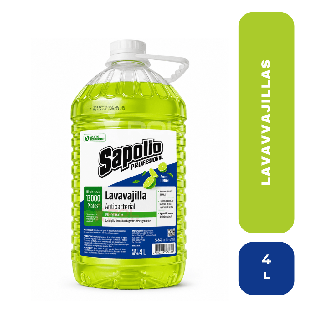 Sapolio lavavajilla líquido aroma limón 4L