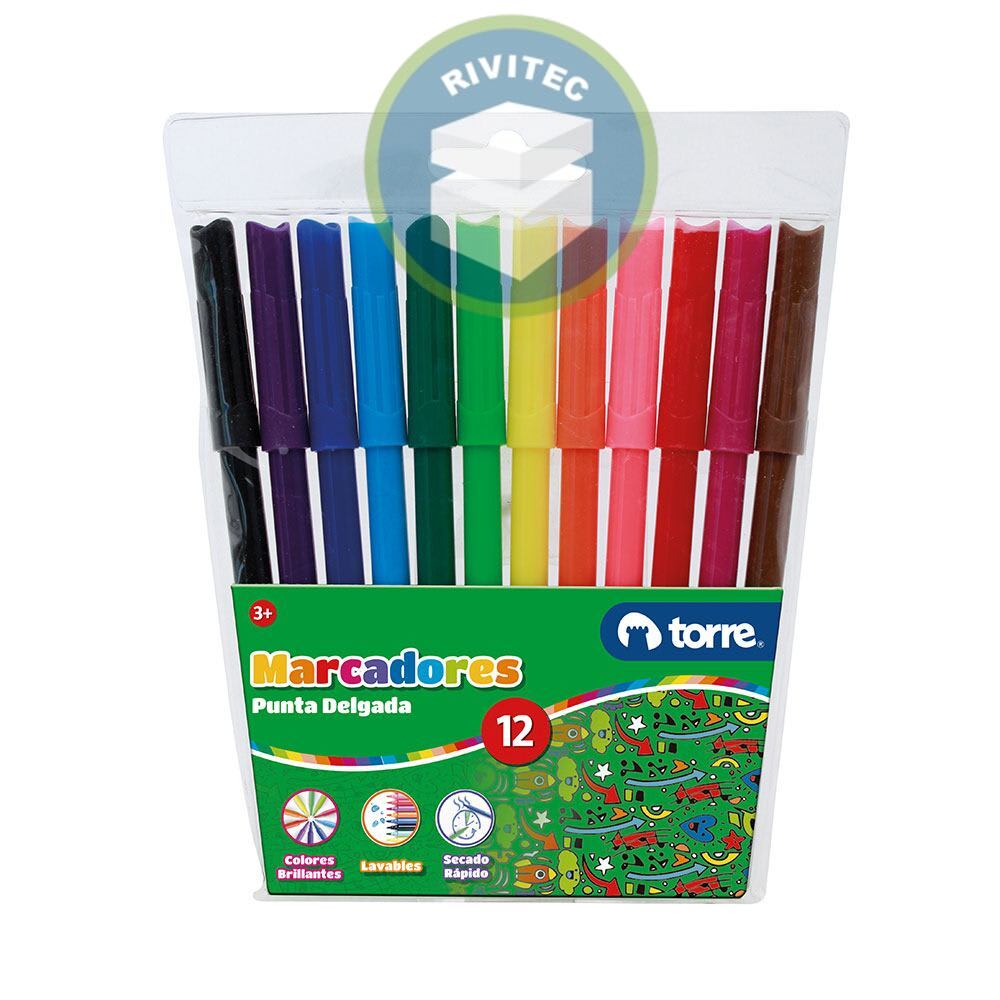 PLUMONES PUNTA FINA 12 COLORES TORRE1