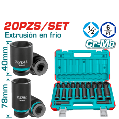 SET DADOS IMPACTO CORTO/LARGO 1/2” 2X(10-24)MM 20PCS CR-MO MALETIN INDUSTRIAL TOTAL - THKISD12203L