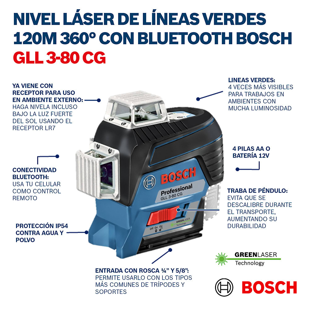 Nivel Láser Bosch GLL 3-80 CG + Receptor LR 7 – 0601.063.T016
