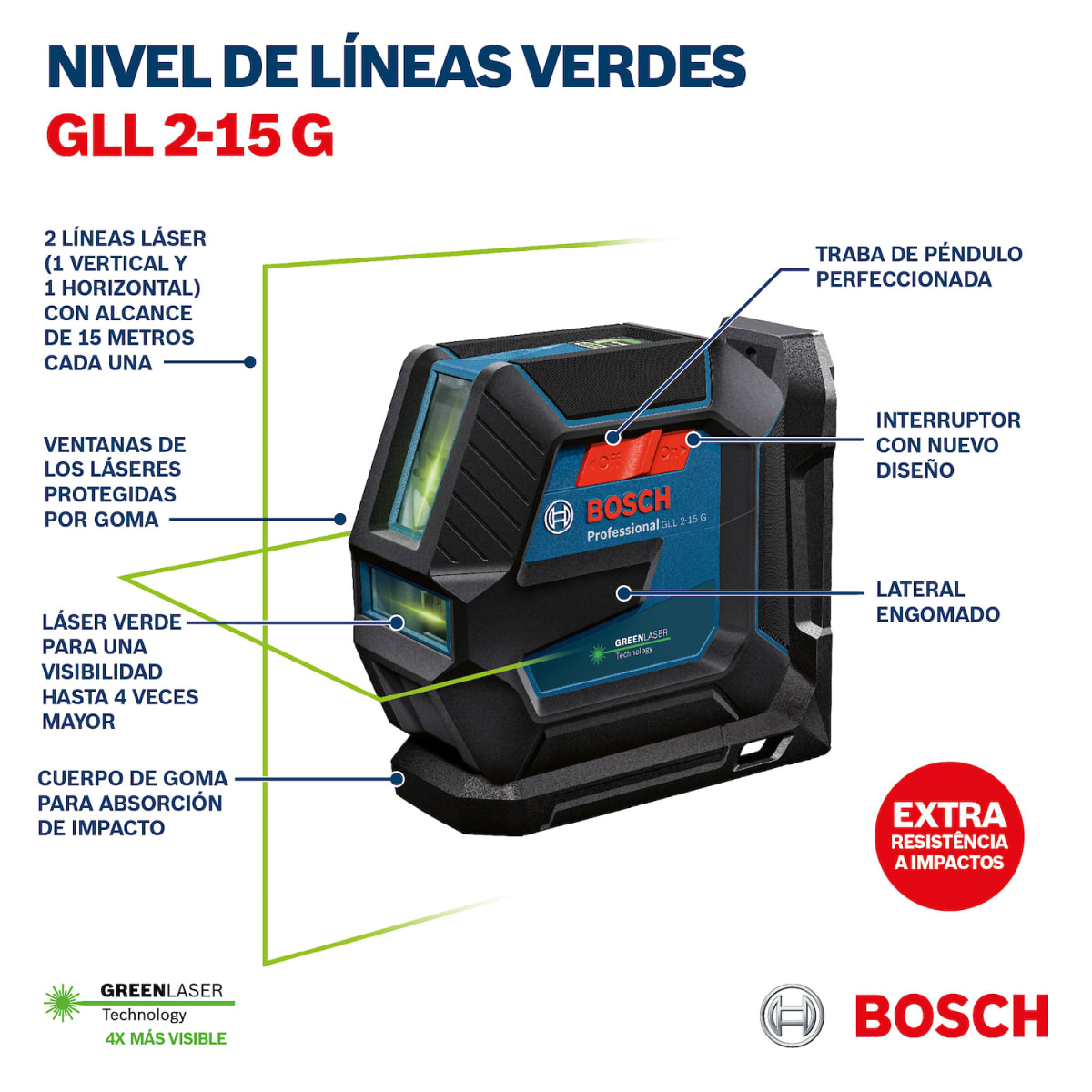 Nivel Láser de Líneas Verdes Bosch GLL 2-15 G Professional – 0601.063.W025