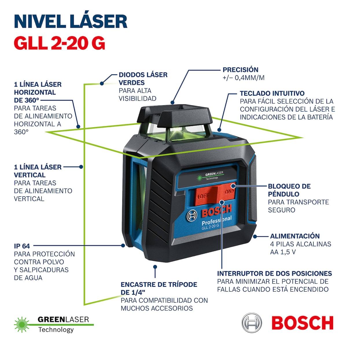 Nivel Láser Bosch GLL 2-20 G Professional (360° Verde) – 0601.065.0017