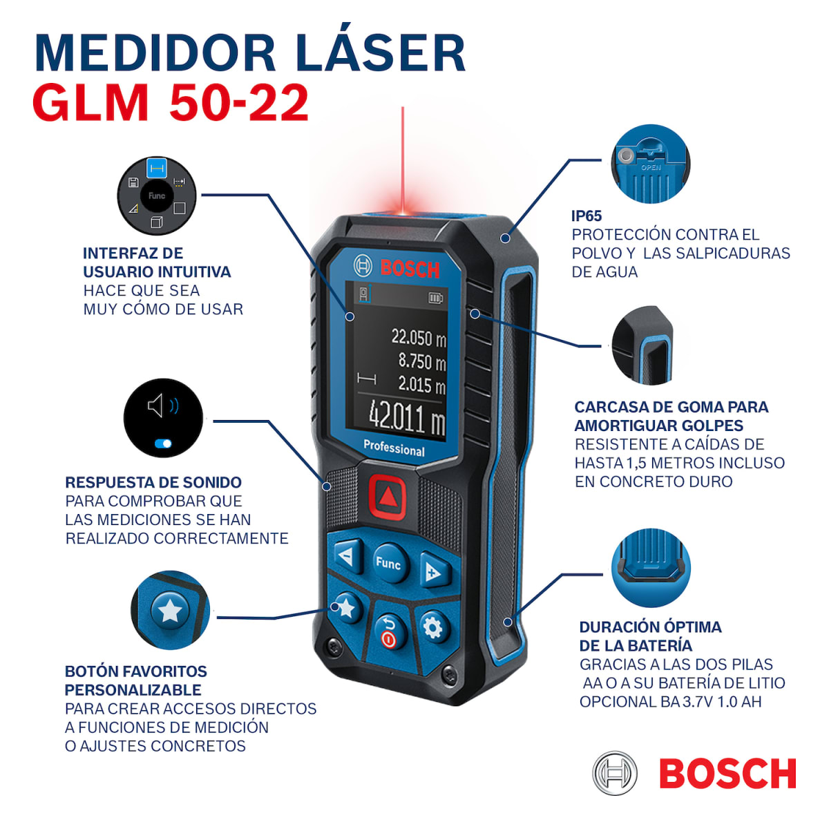 Medidor Láser Distancia 50 Metros GLM 50-22 Bosch 0601.072.S006