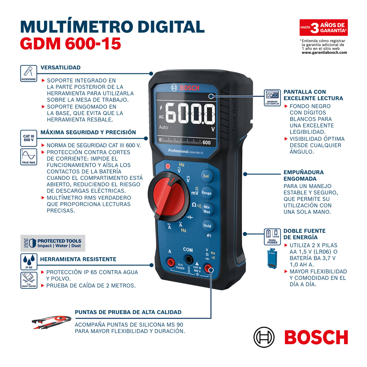 Multímetro Digital 1000V + Soporte Magnético GDM 600-15 Bosch 0601.077.3019