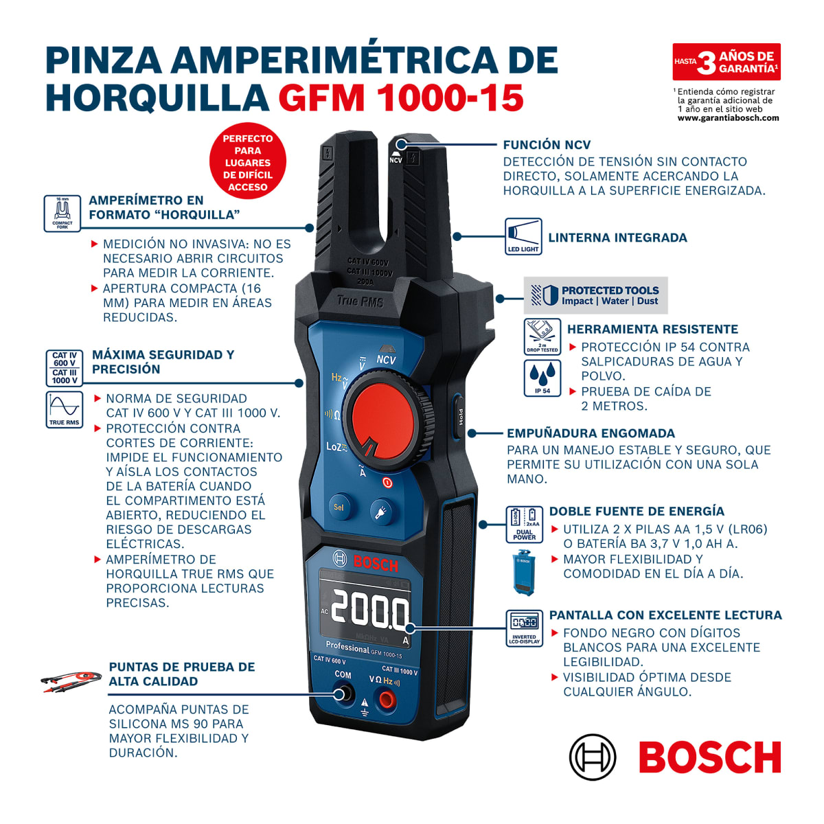 Pinza Amperimétrica de Horquilla 1000V Bosch GFM 1000-156