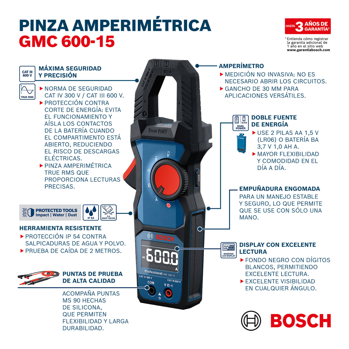Pinza Amperimétrica con Gancho 600V GMC 600-15 Bosch 0601.077.6018