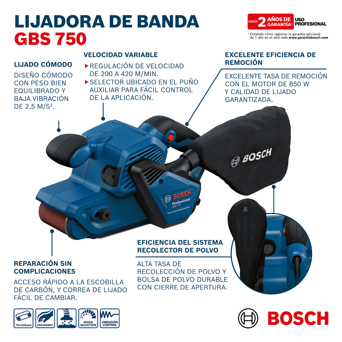 Lijadora de Banda Bosch 850W 75x533mm GBS 750 - 0601.2C1.0E06