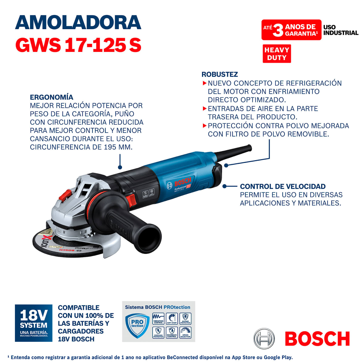 Esmeril Bosch 1700W GWS 17-125 S - 0601.7D0.3E06