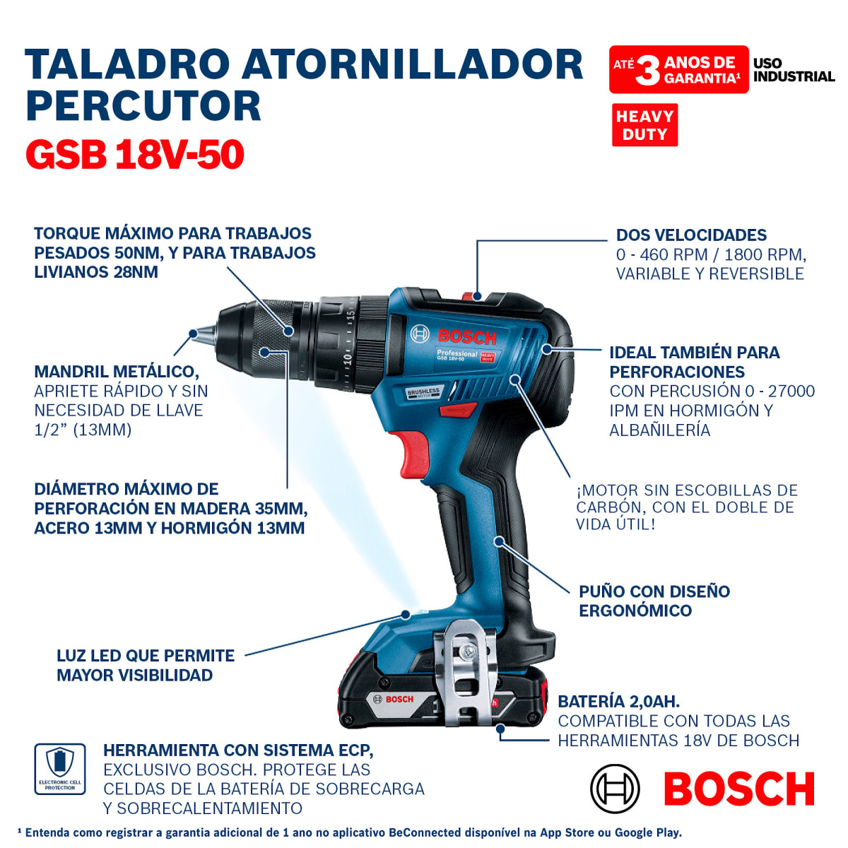 Taladro Percutor Bosch 18V Brushless GSB 18V-50 - 0601.9H5.1E48