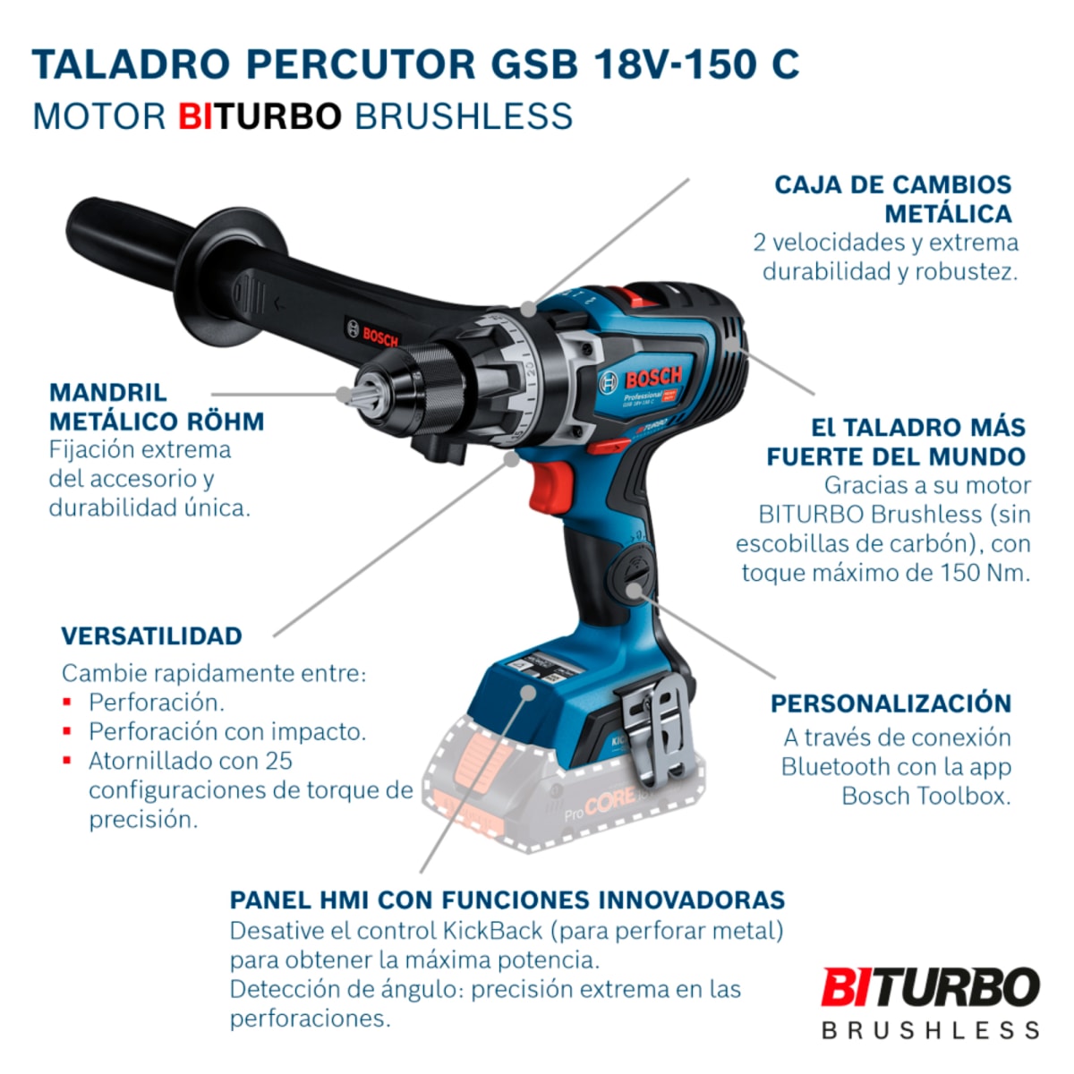 Taladro percutor Bosch 18V BITURBO 150Nm (Sin Batería) GSB18V-150C - 0601.9J5.1E07