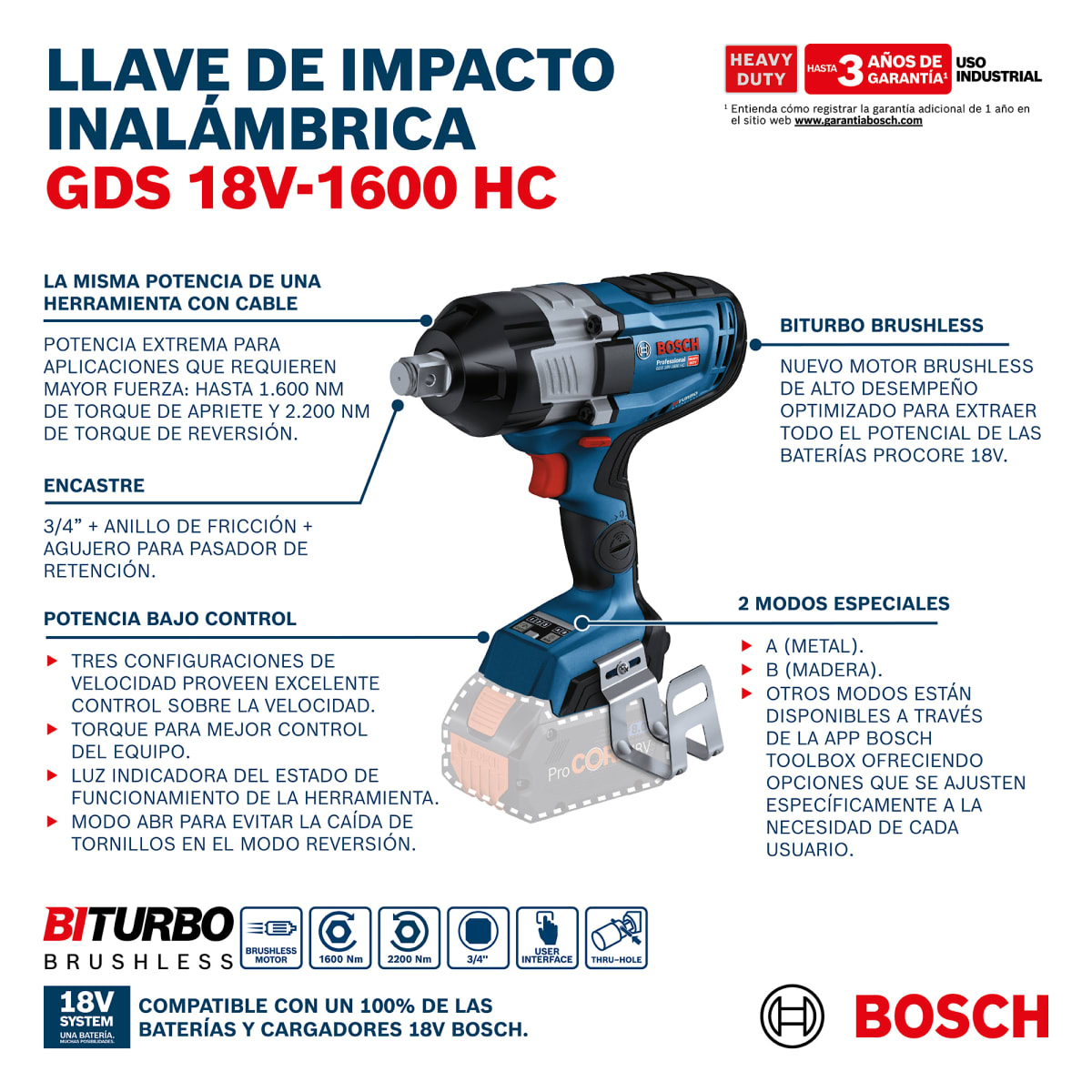 Combo Bosch GDS 18V-1600 HC + 2 Bat ProCORE 8Ah + Carg - 0601.9M1.0E16