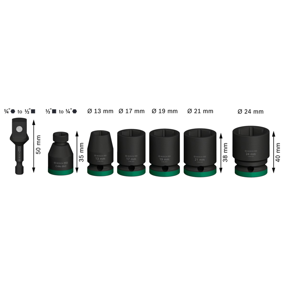 Juego Dados Impacto 7Pzas 13/17/19/21/24mm Con adaptador Bosch 2608.003.0323