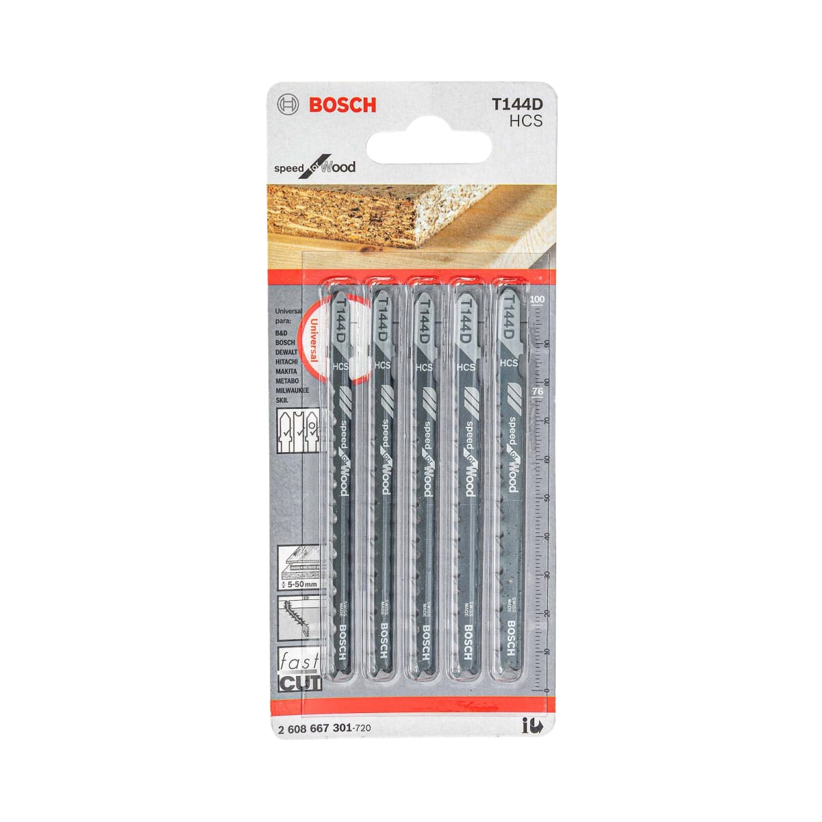 Hoja Caladora para Madera T144D x5 Unidades HCS Recto/Grueso Bosch 2608.667.3012