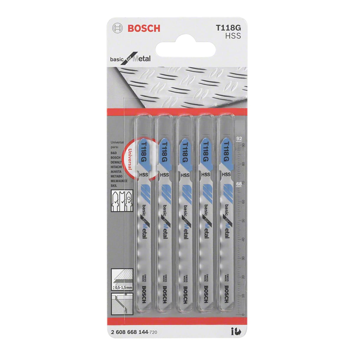 Hoja Caladora T118G X5 unid HSS Recto/Fino para metal BOSCH 2608.668.1441