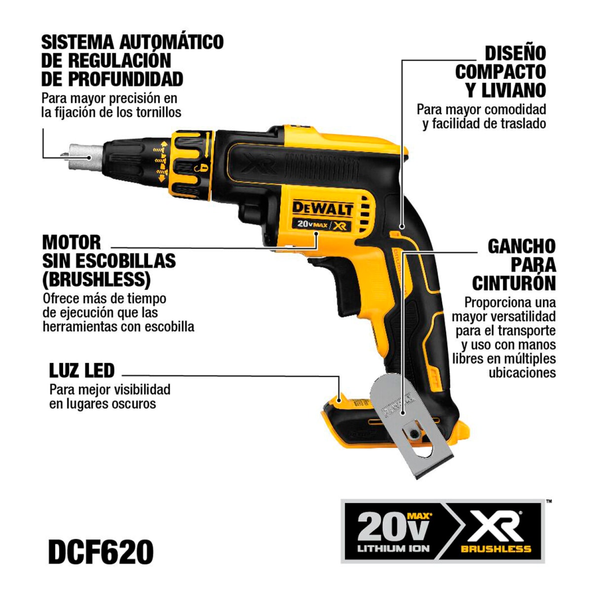 Atornillador para Drywall 20V 4400 Rpm XR Dewalt DCF620B5