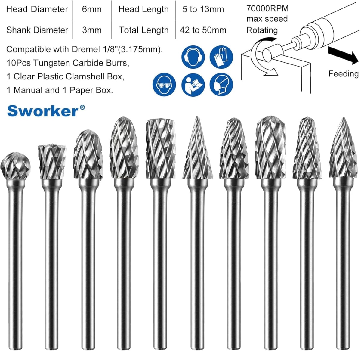 Juego de 10 Fresas de Carburo 1/8