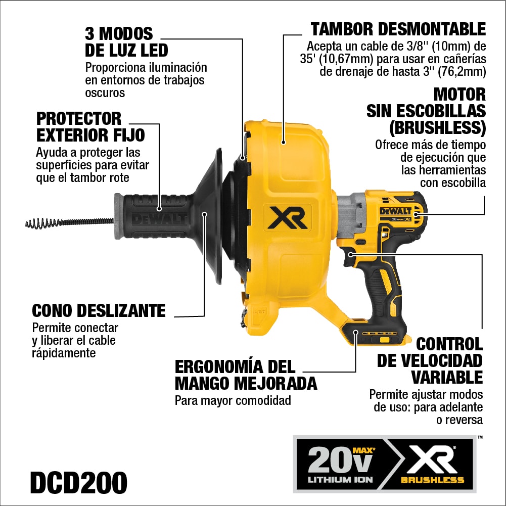 Destapador de Cañerías 20V Xr Cap.Máx. Cable 35' (10,6m) Baretool Dewalt DCD200B5