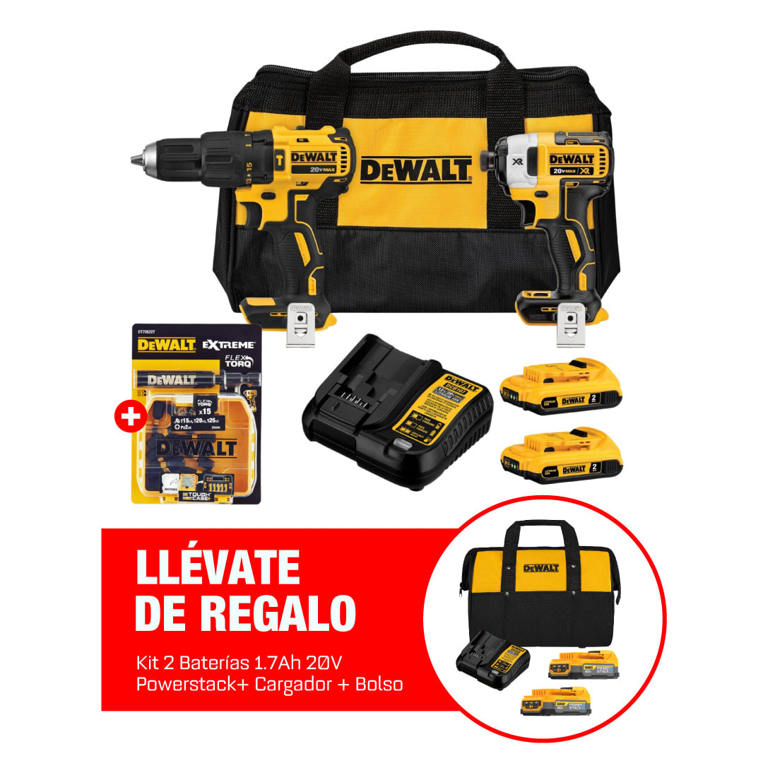 Taladro Perc 1/2'' + Atorn Impacto 1/4'' 20V Brushless + Set 27 Puntas Dewalt DCK223D2-K71