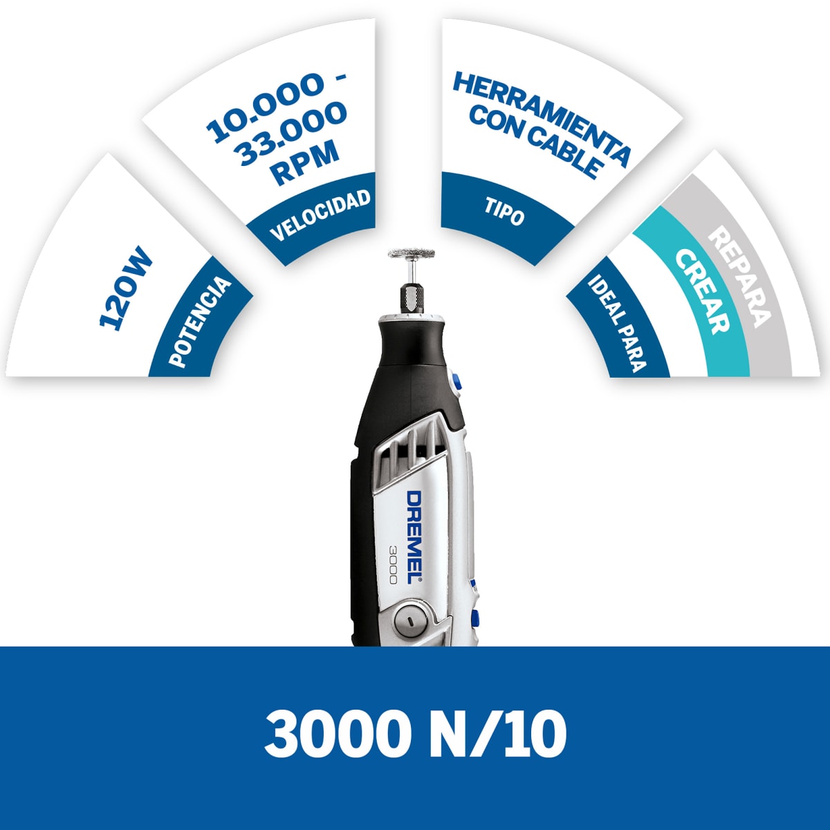 Minitorno 3000 90W + Set de 10 Accesorios Dremel 3000-N/10 F013.300.0PC2