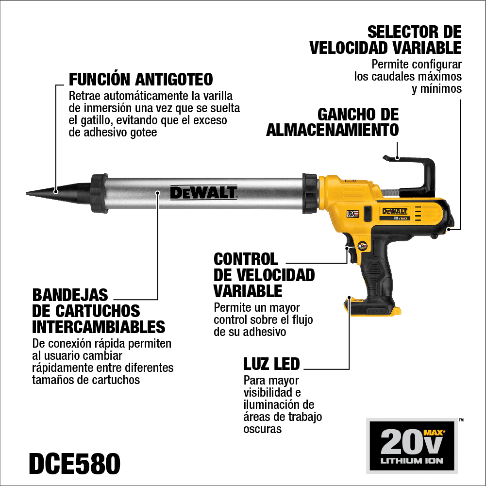 Pistola Calafateadora DEWALT DCE580B 20V MAX 300–600 ml — Baretool5