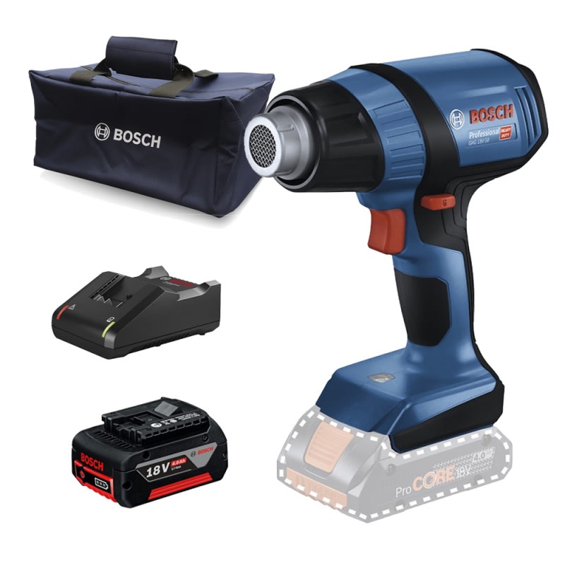 Kit Pistola de Calor Bosch GHG 18V-50+ Carg + Bat 4.0Ah + Bolso – 0615.A50.0CN1