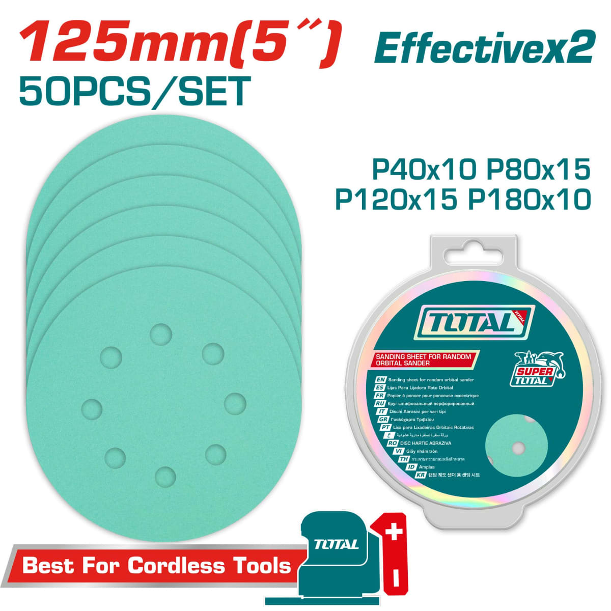 Set Lijas Circulares 125Mm 50Pcs/Set P40+P80+P120+P180 Total TAC1250501