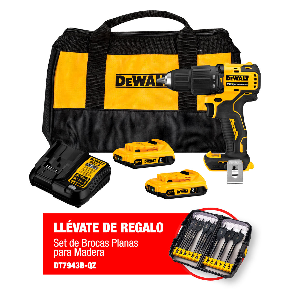 Kit Taladro Percutor Inalámbrico 1/2'' Atomic 20V Max + Set 8 Brocas Planas Dewalt DCD709D2-K21