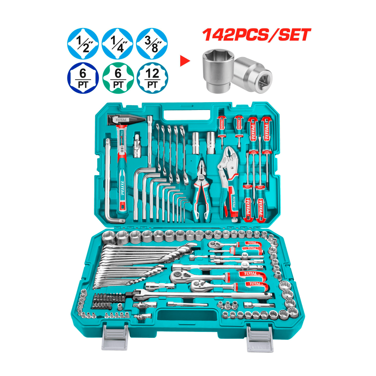 Set de Herramientas Manuales, Dados y Ratchet 142Pzas Total THKTHP214261