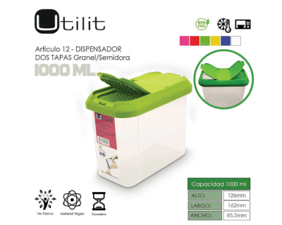 Utilit Dispensador Transp. 1lt + Tapa Doble Uso