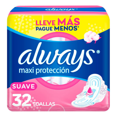 Always Toallas Higiénicas Suave Maxi Protección Bolsa 32und