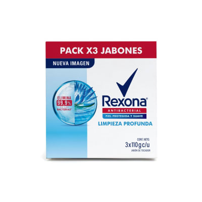 Rexona Jabón Antibacterial Limpieza Profunda Barra 110gr Pack 3und